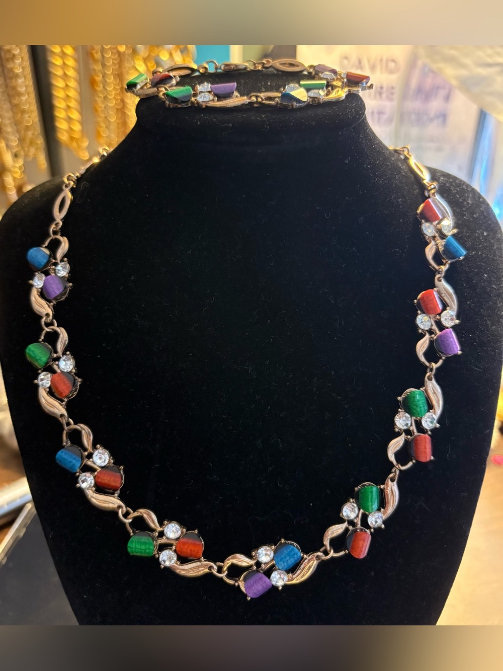 Vintage Colorful Rhinestone Necklace & Bracelet Set | Gold Tone Statement Jewelr